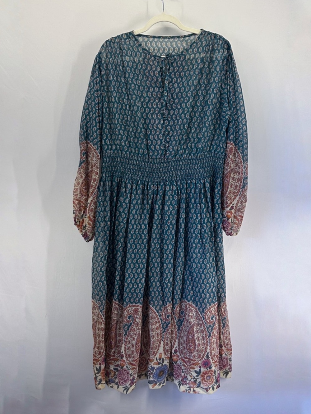 Bohemian Silk-Feel Semi-Sheer Teal Paisley Floral Print Midi Dress Smocked Waist